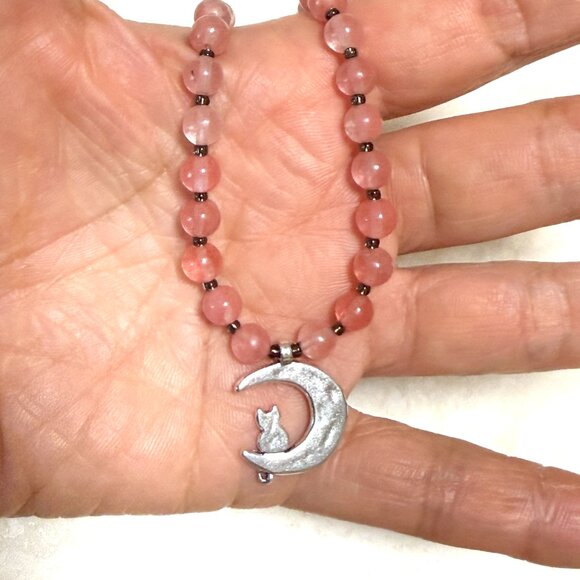 Cherry Quartz Short Necklace with Silver Cat on the Moon Pendant - Picture 13 of 13